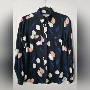 LOFT Dark Cottagecore Tulip Print Utility Blouse Preppy Dark Floral XS